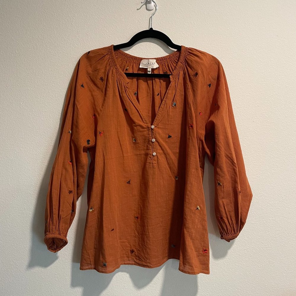 THE GREAT. Orange Floral Embroidered Blouse